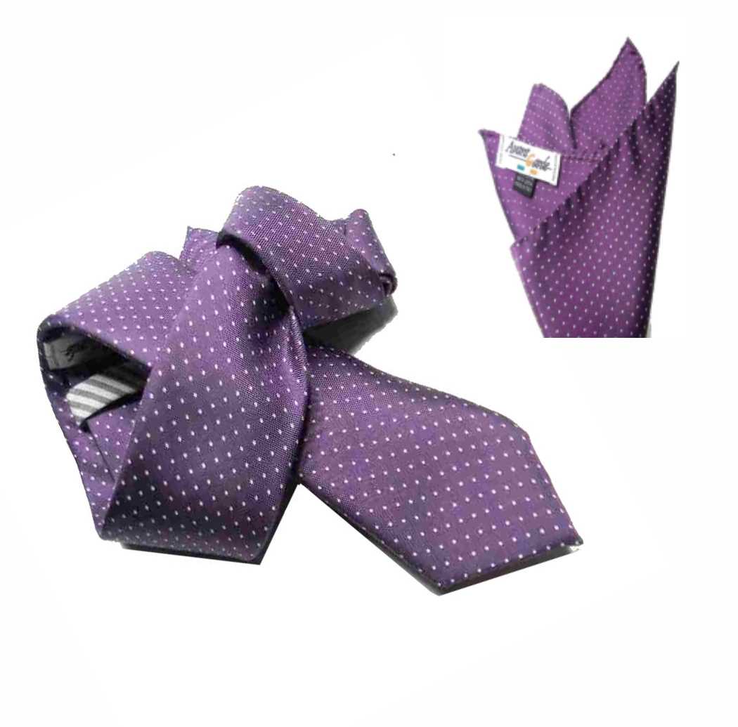 CRAVATTA e fazzoletto rosa A POIS completo viola A PUNTINI bianchi SETA spillo - Foto 9 di 9