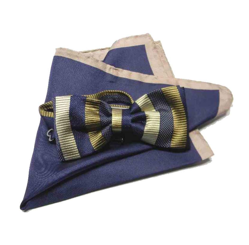 ABBINATA CRAVATTA A FARFALLA papillon BLU beige SETA e POCHETTE completo giacca - Picture 5 of 7