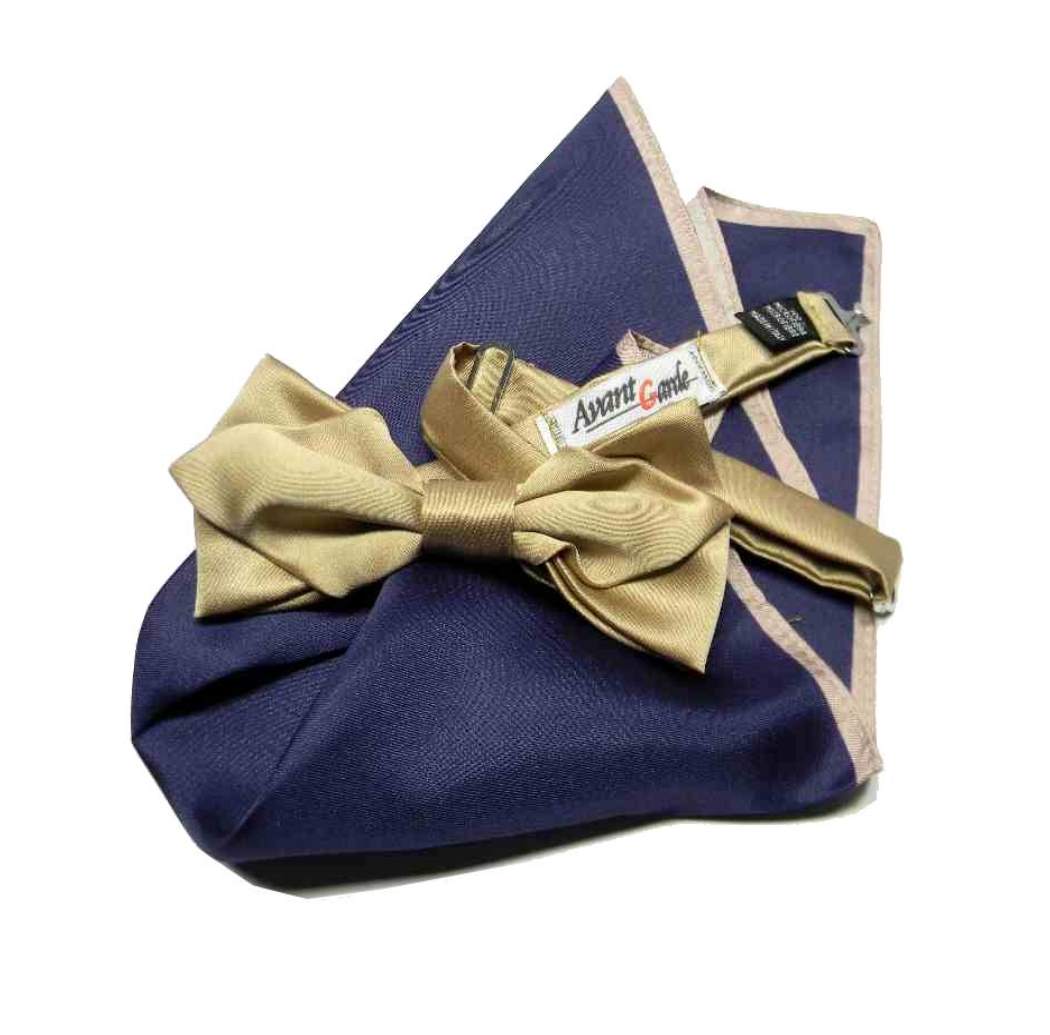 ABBINATA CRAVATTA A FARFALLA papillon BLU beige SETA e POCHETTE completo giacca - Picture 6 of 7