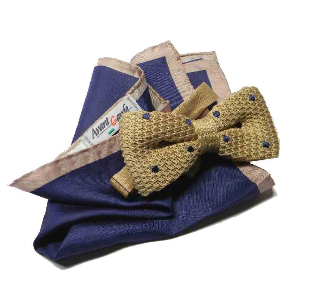 ABBINATA CRAVATTA A FARFALLA papillon BLU beige SETA e POCHETTE completo giacca - Picture 7 of 7