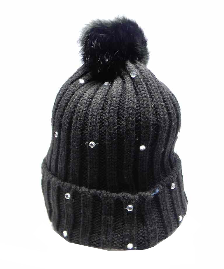 Berretto donna nero pon pon lapin nero e paillettes look ottimo per l  inverno | eBay