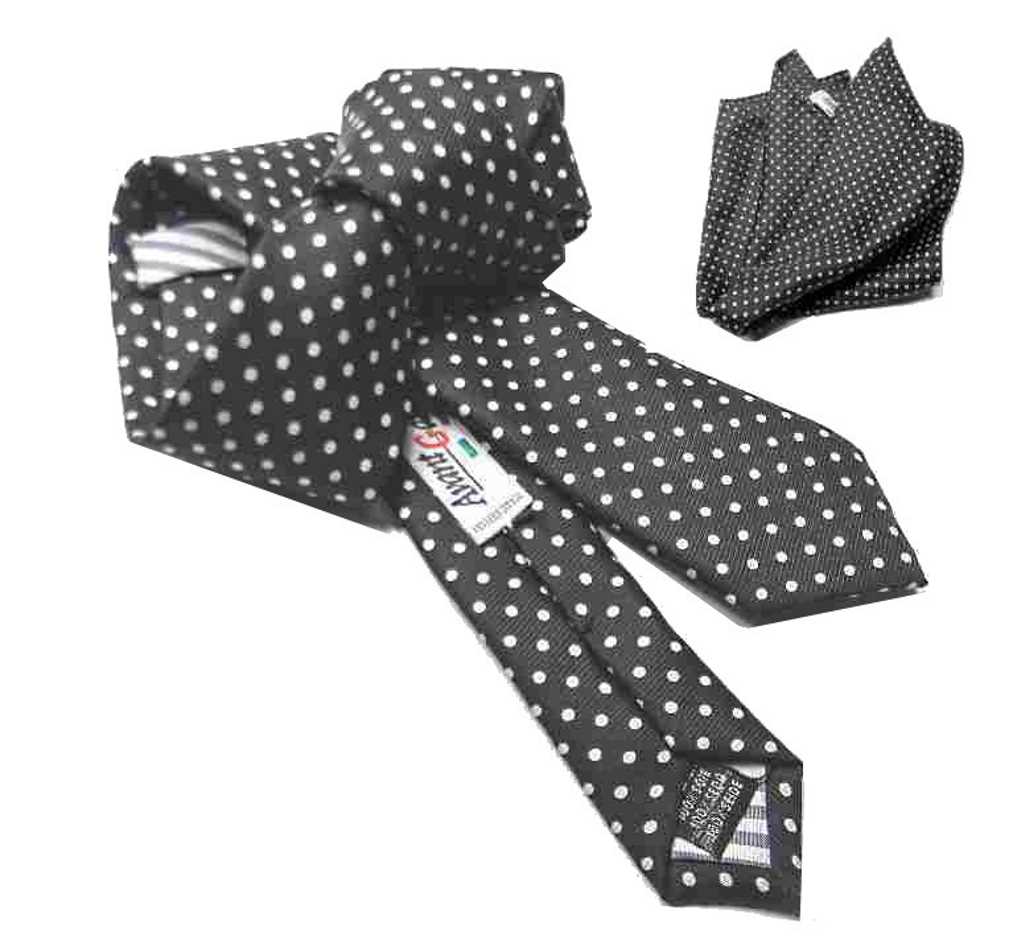 COMPLETO CRAVATTA NERA SLIM E POCHETTE UOMO POIS BIANCHI CRAVATE FAZZOLETTO SETA - Imagen 5 de 5