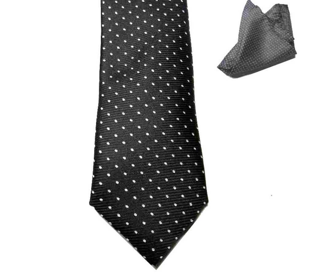 CRAVATTA slim nera uomo A POIS bianchi e pochette abbinata completo fazzoletto - Foto 2 di 2