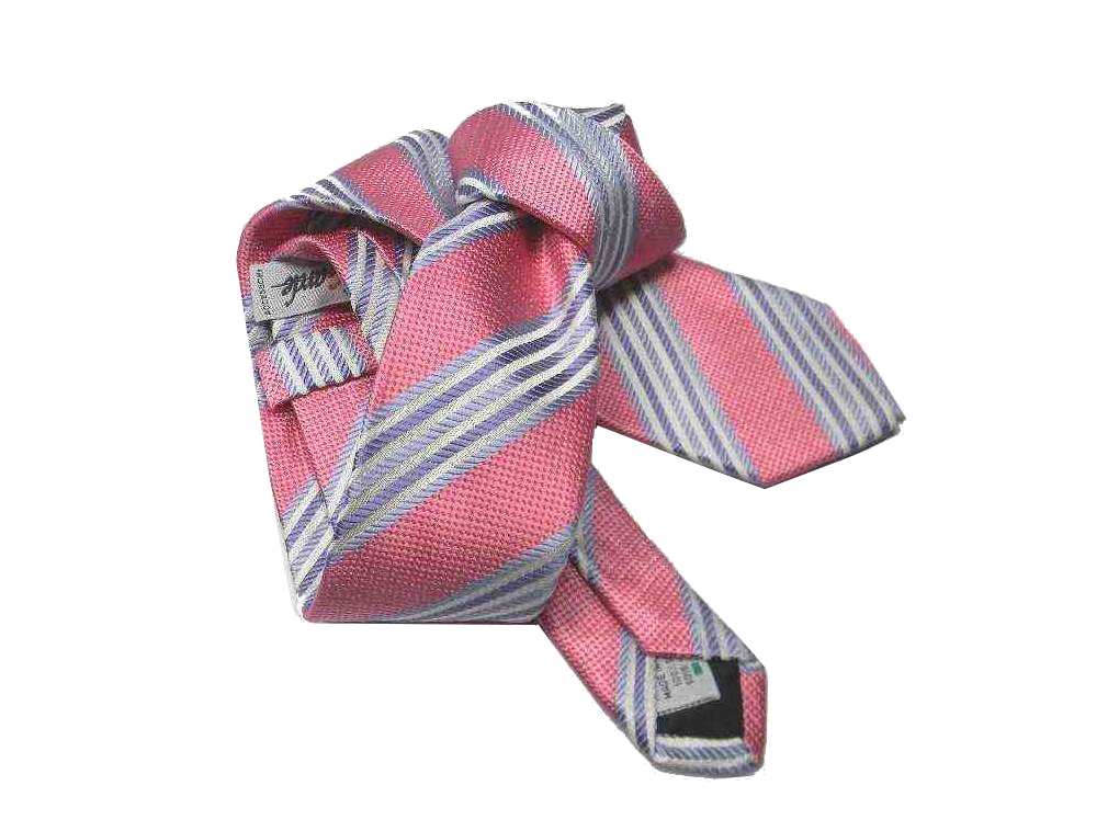 CRAVATTA a righe rosa pink riga azzurra e bianca slim classic cravattino di seta - Picture 3 of 4