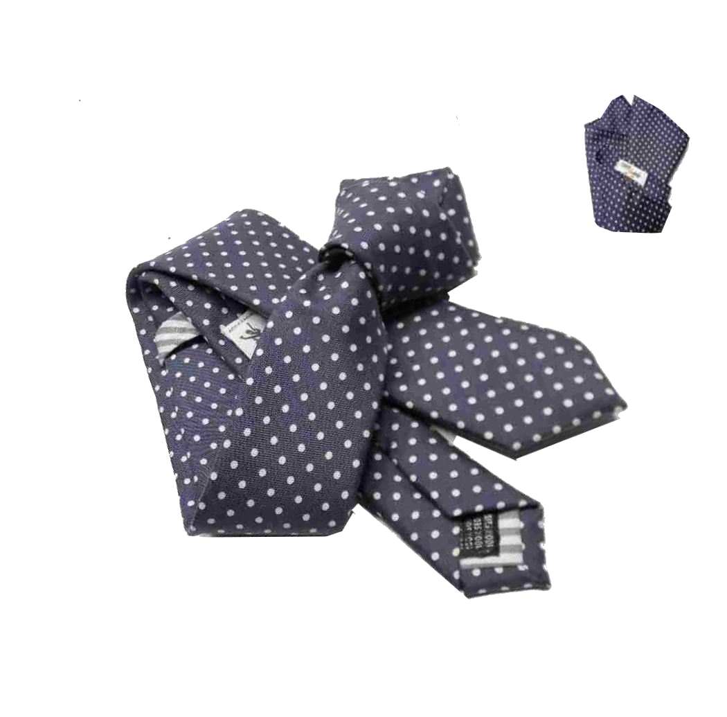 completo CRAVATTA slim e POCHETTE UOMO blu POIS bianchi CRAVATTE FAZZOLETTO SETA - Picture 2 of 2