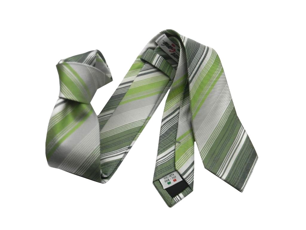 CRAVATTA CRAVATTINO 6 SETA righe MADE ITALY RIGATO verde bianco grigio - Foto 2 di 2