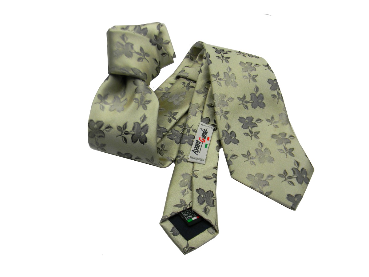 Cravate Élégant Brillant Beige Fleurs Gris Et Boue Homme Cérémonie - Bild 2 von 2