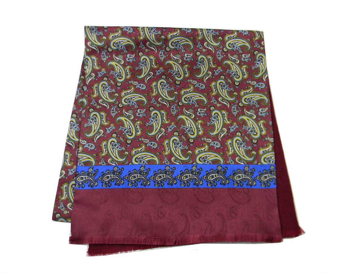 Écharpe Double Soie Et Laine Homme Dis Paisley Prod Italienne Bleu Bordeaux Bleu - Picture 8 of 11