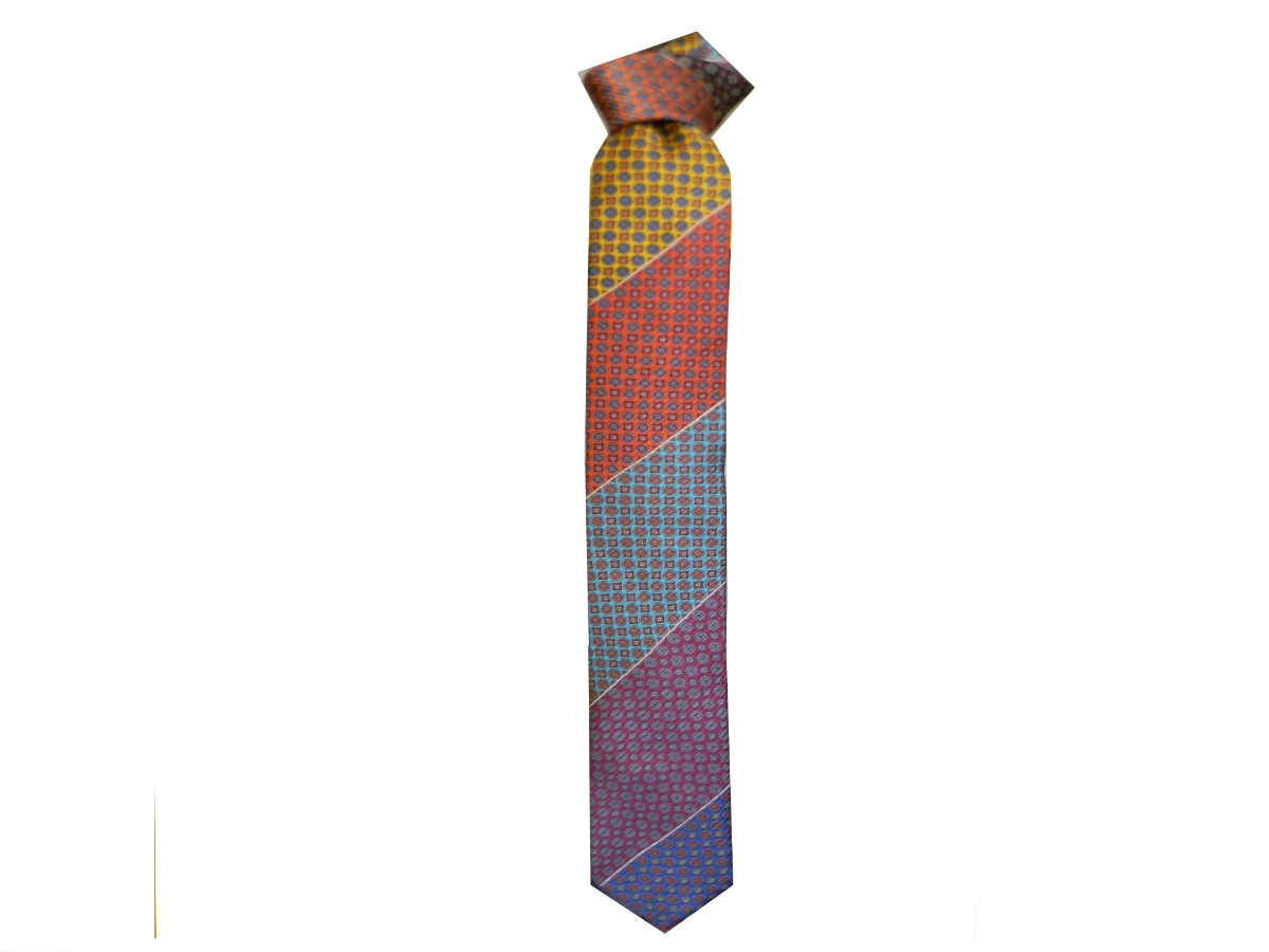 Slim Krawatte Seidenmuster gestreift mit Muster Patchwork Stil - Bild 7 von 9
