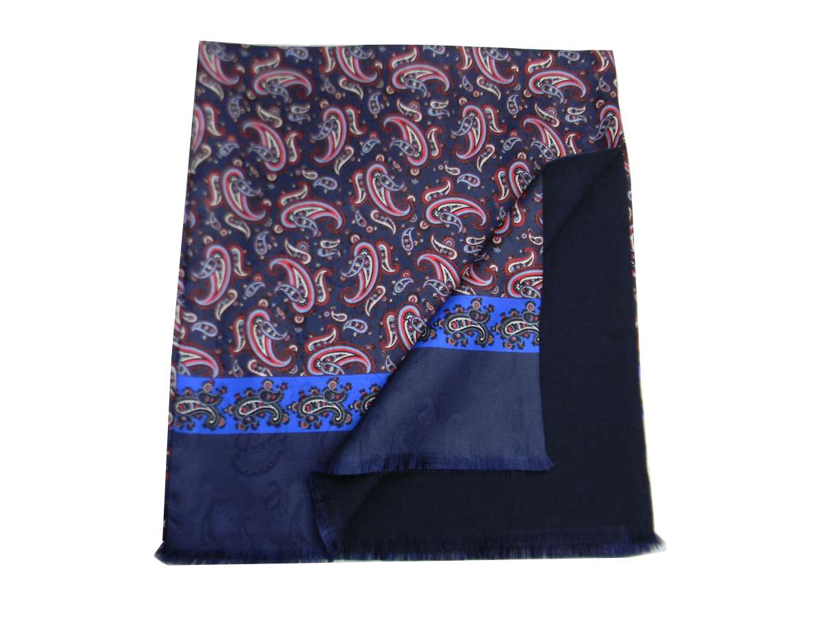 Écharpe Double Soie Et Laine Homme Dis Paisley Prod Italienne Bleu Bordeaux Bleu - Picture 10 of 11