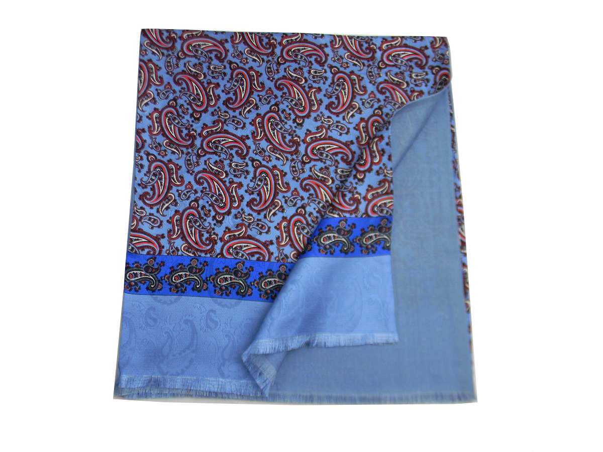 Écharpe Double Soie Et Laine Homme Dis Paisley Prod Italienne Bleu Bordeaux Bleu - Picture 9 of 11
