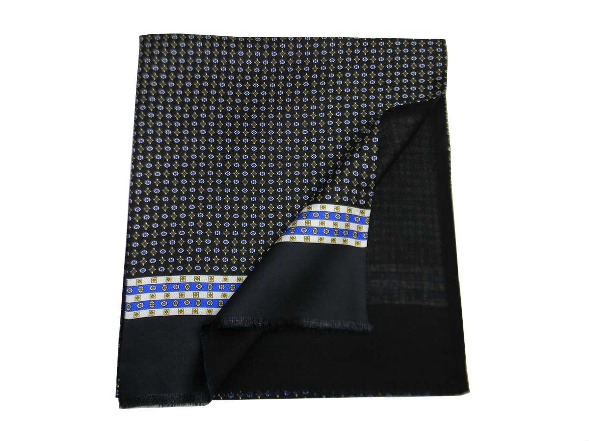 SCIARPA DOUBLE SETA LANA nera UOMO SILK WOOL SCARF DOPPIA disegni bianchi grigi - Photo 14/16